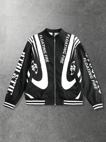 ROMWE MEN Street Life 男士 Racing Element 夹克，适合秋冬季 - 黑色 - 查看 3