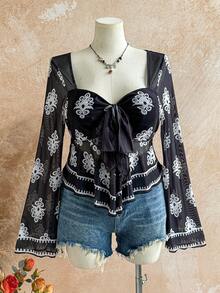 Soleia 大码女式休闲度假、毕业典礼、婚礼、复活节派对午餐宽松喇叭袖修身上衣，冬季 - 黑與白 - 查看 5