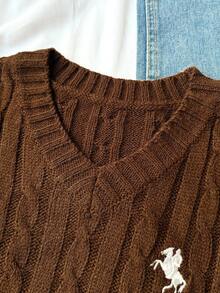 SHEIN Explorewe 少女骑士图案V领长袖休闲麻花针织毛衣，秋冬 - 棕色 - 查看 4