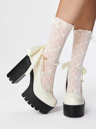 Goth Décolleté con suola spessa e tacco chunky da donna, scarpe Mary Jane con tacco alto, decorazione in perle e fiocco, colore unito, adatte per feste, uscite, appuntamenti