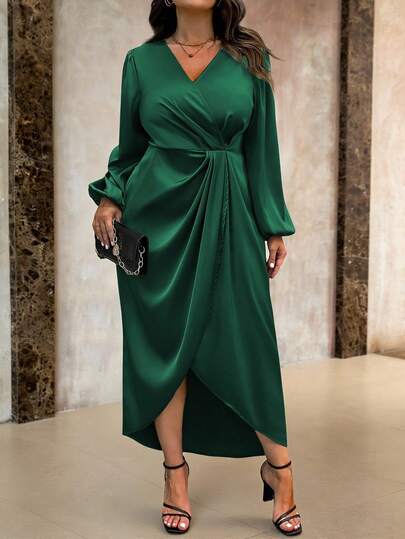 Roveilla Plus Size Women Elegant Simple Solid Color V-Neck Lantern Sleeve Wrap Hem Dress, Spring/Autumn, For Christmas Maxi Women Outfit