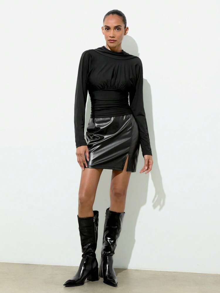 SHEIN Maija Maglietta nera da donna con scollo profondo, schiena scoperta e vita arricciata, manica lunga, collezione autunno/inverno elegante, top nero adatto per il Natale e le vacanze, top elegante da donna