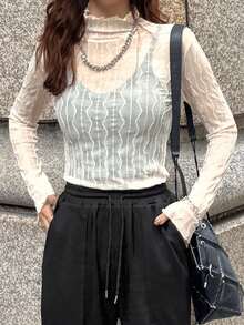 FRIFUL Women's Solid Color Stand Collar Mesh Fitted Blouse Long Sleeve Women - White - View 6