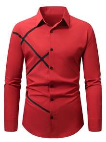 Calvornis Men's Fashionable Commuter Striped Print Long Sleeve Shirt, Autumn Red Dress Shirt For Men Red Design Shirt Men Casual Long Sleeve Shirts - Burgundy - View 1