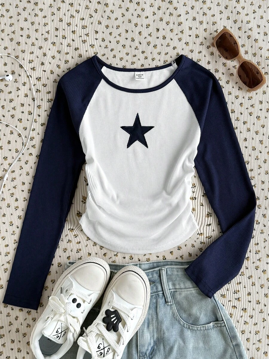 SHEIN 少女休闲撞色圆领长袖上衣 - 彩色 - 查看 1