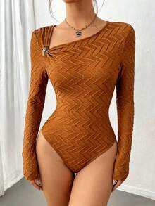 Islaluna New Solid Brown Slim-Fit Bodysuit For Women, Spring/Autumn - Brown - View 3