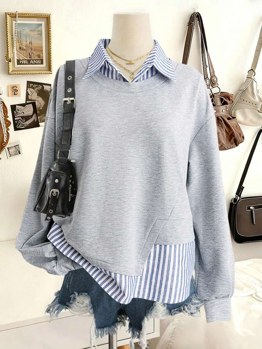 GlowEve 2025 Casual Linen Striped Patchwork Collared Pullover Sweatshirt, Fashionable & Versatile, Suitable For Autumn Daily Wear & Holidays