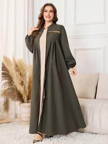 Lacomfia Robe ample pour femmes grande taille, style minimaliste mode, avec patchwork de dentelle et sequins, manches longues, fermeture éclair, pour un usage quotidien - Acajou - Voir 3