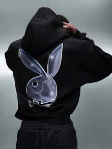 PLAYBOY X SUMWON Crop Fit Men's Pullover Hoodie With Chrome Bunny Logo Casual Streetwear Winter Sweatshirt - Black - View 1