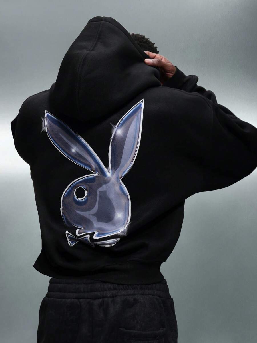 PLAYBOY X SUMWON Crop Fit Men's Pullover Hoodie With Chrome Bunny Logo Casual Streetwear Winter Sweatshirt - Black - View 1
