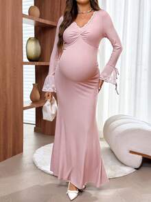 SHEIN 孕妇纯色休闲蕾丝拼接长袖连衣裙 - 粉色 - 查看 3
