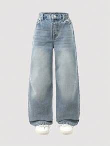 Denimly 男童休闲日常都市街头个性涂鸦印花松紧腰拉链口袋工装裤 - 淺色水洗藍 - 查看 10