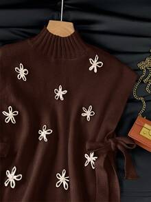 SHEIN Frenchy 女士花卉领侧系带休闲针织背心，秋冬款 - 棕色 - 查看 5