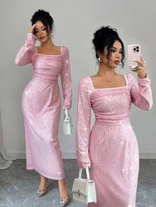 Elenzga Elegancka sukienka damska z kwadratowym dekoltem i cekinami, dopasowana w talii, z długim rękawem, z błyszczącego materiału, idealna na imprezę, jesień/zima - Różowy - Zobacz 5
