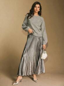 Poéselle Suéter de Malha Feminino de Manga Longa com Gola Redonda, Manga Farol, Bordado, Moda, Decote Bordado, Elegância Cintilante, Uso Elegante para Festa, Suéter de Natal, Festa de Natal, Ano Novo, Adequado para Uso Diário, Saída, Transporte, Outono/Inverno - Cinza - Visão 6