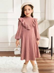 少女领口荷叶边下摆长袖A字连衣裙 - 藕粉色 - 查看 4