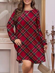 SHEIN LUNE Abito mini a maniche a lanterna con stampa a quadri natalizi, adatto per donne taglia comoda, per autunno/inverno. Abito a quadri da donna, abito a quadri rosso, abito con stampa a quadri, adatto per feste di Capodanno, abbigliamento invernale da donna, abito invernale da donna, abito di Capodanno, abiti di Capodanno da donna, Capodanno donna, abito da festa, abiti da festa per donna, abiti eleganti da donna, abito rosso da donna, quadri