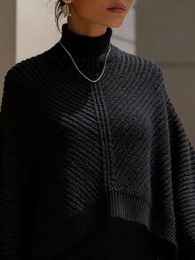 EMERY ROSE 女士优雅高领宽松针织毛衣连衣裙两件套，秋冬款 - 黑色 - 查看 3