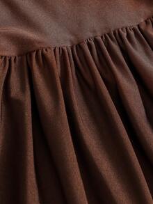 Girlism 少女棕色褶皱肩部长袖A字连衣裙，领口蝴蝶结腰带，时尚日常连衣裙，适合秋冬季穿着 - 棕色 - 查看 4