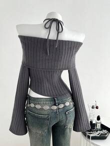 Elamini 1pc Women's Charcoal Gray Personalized Delicate Halter Tie Bow Design Cold-Shoulder Asymmetric Hem Elastic Knit Casual Sweater, Autumn/Winter
