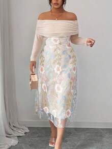 Modelyn 大码女式网纱拼接刺绣露肩长袖荷叶边连衣裙 - 杏色 - 查看 8