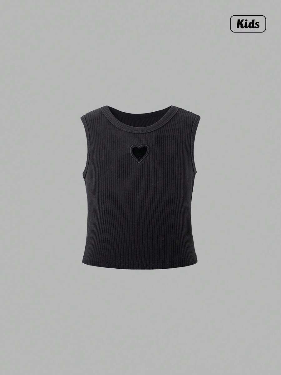 Sweetra Camiseta sin mangas de unicolor versátil y cómoda con bordado de corazón hueco de moda casual para niñas en verano - Negro - Ver 1