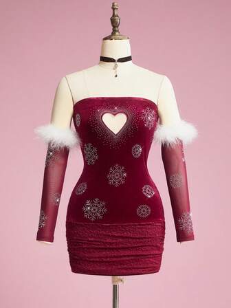 ROMWE Avant Women's Retro Sexy Party Style Christmas Heart Hollow Snowflake Rhinestone Fuzzy Sleeve Lace Patchwork Bodycon Dress