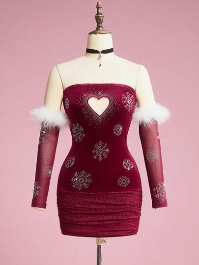 ROMWE Avant Women's Retro Sexy Party Style Christmas Heart Hollow Snowflake Rhinestone Fuzzy Sleeve Lace Patchwork Bodycon Dress