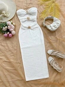 Soleia 女士白色性感沙滩无袖镂空休闲纹理连衣裙，适合音乐会，金属装饰 - 白色 - 查看 3