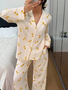 Miss Vinta Women's Collared Heart Striped Long Sleeve Pajama Set Striped Heart Print 2 Pieces Set, Winter Clothes - Yellow - View 6