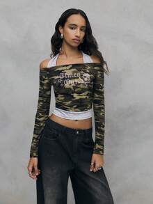 TypaGal Femmes Décontracté Mode Rue Punk Halloween Crâne Lettre Strass Camouflage Imprimer 2 En 1 T-Shirt Court, Printemps/Automne