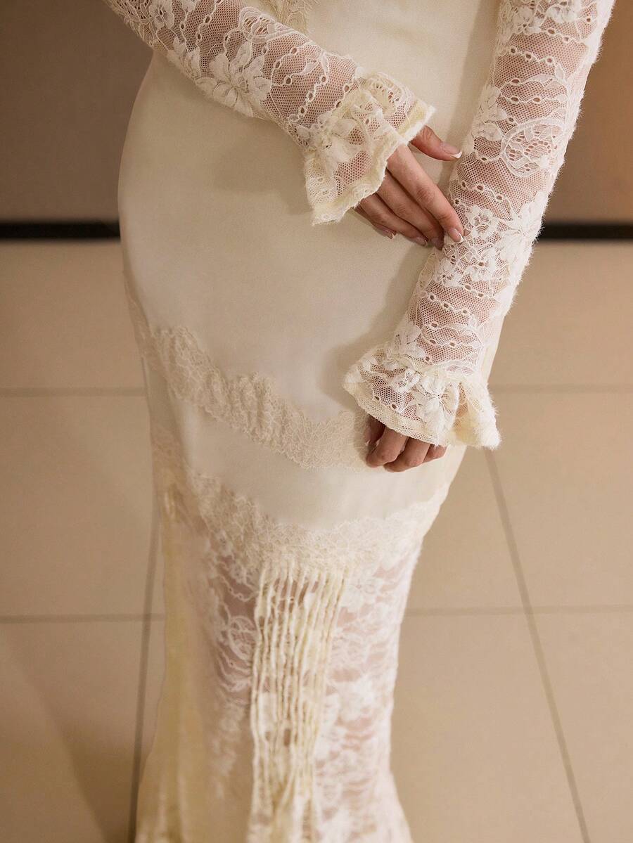 MOTF PREMIUM FASHIONABLE MOCK NECK ELEGANT LACE TRIM SATIN SHEEN RUFFLE HEM MAXI DRESS - Apricot - View 2