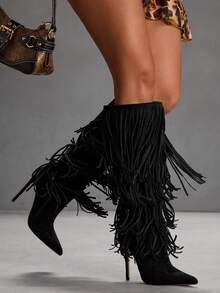 CUCCOO SZL 时尚尖头细高跟黑色多层流苏性感优雅女式过膝靴，黑色过膝长靴适合时尚派对、夜总会、音乐节、性感装扮 - 黑色 - 查看 7