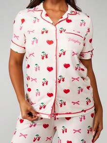 Missguided x Playboy 樱桃印花纽扣睡衣套装，饰有爱心和蝴蝶结，长袖家居服 - 彩色 - 查看 5