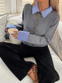 DAZY 女士休闲撞色翻领开衫，秋季款 - 灰色 - 查看 4