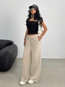 SHEIN Teen Girls Casual Loose Fit Low Waist Elastic Waistband Wide Leg Sweatpants, Versatile For Spring, Summer, Autumn, Winter