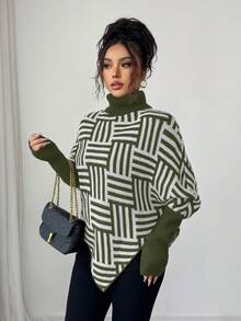 Selianne Women's Elegant High Neck Geometric Textured Poncho Sweater, Colorblock, Suitable For Home & Travel, Spring/Autumn - Army Green - View 5