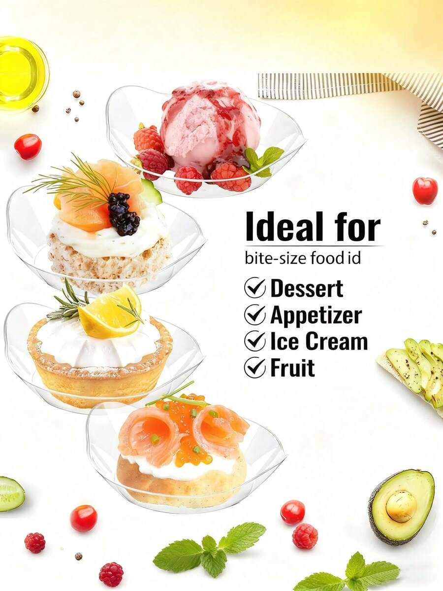 Platos de aperitivo con forma de hoja pequeña, platos de postre y mantequilleras de plástico transparente, adecuados para salsas, postres, frutas, aperitivos, excelentes para bodas y fiestas (diseño de hoja)