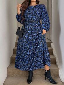 SHEIN LUNE Đầm thường ngày cổ tròn tay đèn lồng in họa tiết hoa toàn thân cho nữ cỡ lớn - màu đen - Xem 5