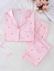 2pcs/Set Girly Pink Cardigan With Heart-Shaped Bow Print, Faux Collar, Long-Sleeved Top And Trousers Pajama Set, Suitable For All Seasons. Pink Pajama Set,Teen Girl Clothes - Multicolor - View 7