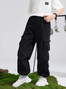 SHEIN 青少年男孩宽松纯色抽绳腰运动裤 - 黑色 - 查看 2