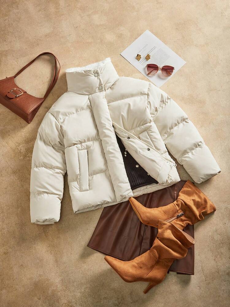 Thick H-Shaped Mid-Length Faux Fur Collar Loose Women Jacket With Side Pockets