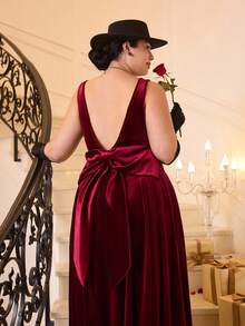 Plus Size Vintage Red Open Back Bow Tie A-Line Midi Dress, Wedding Dress, Date Dress, Valentine's Day Dress - Red - View 6