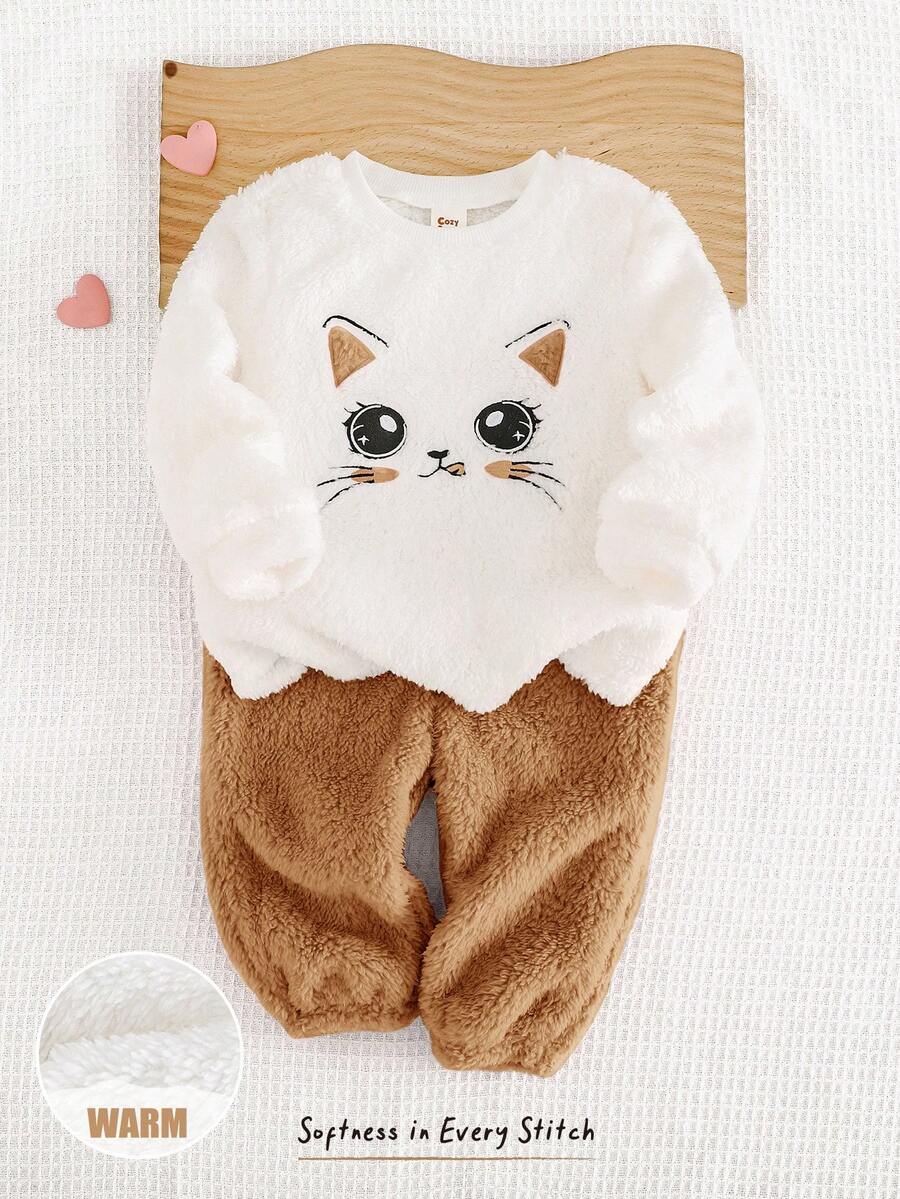Cozy Pixies 2件套女婴爱心图案保暖内衬圆领长袖卫衣和运动裤套装,柔软女婴睡衣,女婴保暖套装,猫咪图案婴儿服,婴儿卡通服装 - 棕色 - 查看 1