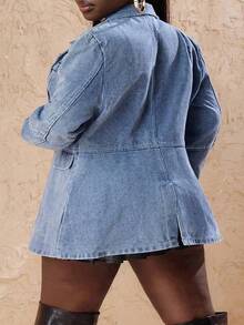 SHEIN CURVE+ 大码女式翻领长袖单排扣休闲牛仔外套 - 藍色 - 查看 2