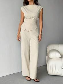 SHEIN Tall 极简通勤办公穿搭，新款春夏船领泡泡袖收腰女式衬衫+高腰超长阔腿女式长裤，高个版