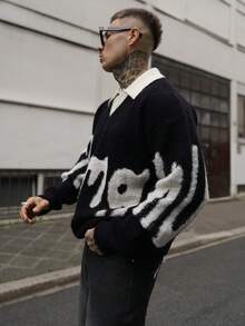 Artur Kramer 男式学院风拼布领套头衫，秋季和春季，垃圾摇滚风格 - 黑色 - 查看 4