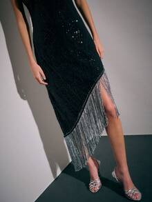 Nöista 别致的亮片晚礼服，细肩带，修身廓形，几何亮片图案，斜裁流苏；引人注目的亮片晚礼服，非常适合正式活动、派对礼服和鸡尾酒会场合；非常适合秋季、冬季、万圣节和新年庆祝活动。 - 黑色 - 查看 3