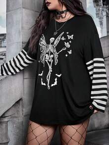 SHEIN CURVE+ Áo thun trễ vai in họa tiết xương & bướm Plus Size dành cho nữ - Nhiều màu - Xem 3