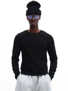 Camiseta de manga larga de cuello redondo con ajuste ceñido SUMWON, de punto acanalado, de color liso, para uso casual en invierno y otoño - Negro - Ver 1